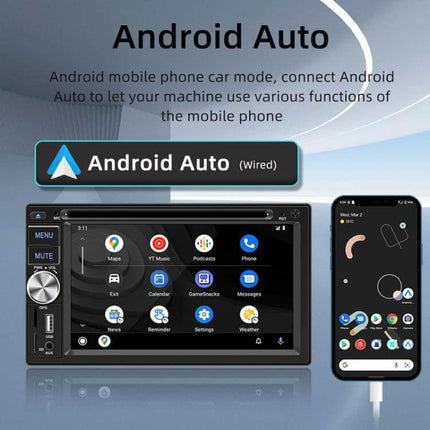 6.2-Inch Bluetooth Car DVD Player for In-Car Entertainment showing Android Auto wired connection and smartphone screen