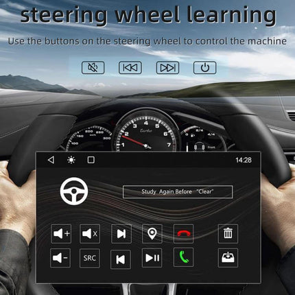 6.2-Inch Bluetooth Car DVD Player for In-Car Entertainment showing steering wheel control learning screen and dashboard