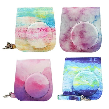 PU Leather Protective Case for Fujifilm Instax Mini Cameras in pastel watercolor tie-dye designs with detachable wrist strap