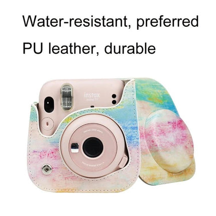 PU Leather Protective Case for Fujifilm Instax Mini Cameras in pastel watercolor design, water-resistant PU leather camera cover with strap