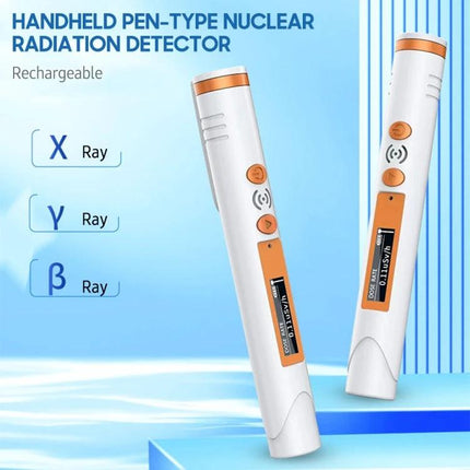 Handheld Pen-Type Geiger Counter for Radiation Detection showing a white rechargeable pen-style GM counter monitoring X, γ, and β rays