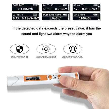 Handheld Pen-Type Geiger Counter for Radiation Detection showing LCD dose readout, alarm icons, and handheld white pen device in user’s hand