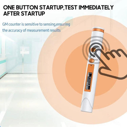 Handheld Pen-Type Geiger Counter for Radiation Detection showing one-button startup and GM tube sensitivity for quick spot checks