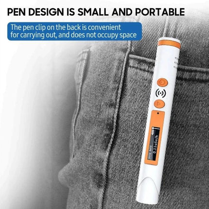 Handheld Pen-Type Geiger Counter for Radiation Detection clipped to pocket, white pen-style GM tube detector showing display and buttons