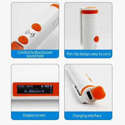 Handheld Pen-Type Geiger Counter for Radiation Detection showing pen clip, display screen, comfort button, and charging interface