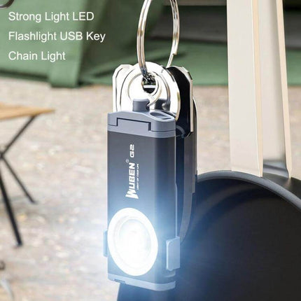 WUBEN Pocket LED Key Chain Flashlight For Everyday Use showing compact 500-lumen USB-rechargeable keychain light on a bag ring