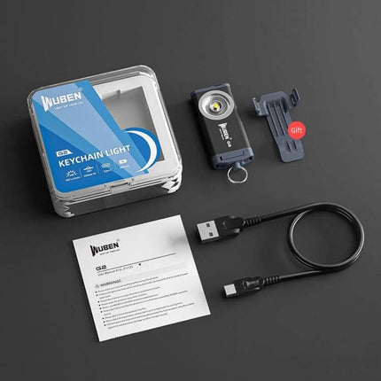 WUBEN Pocket LED Key Chain Flashlight For Everyday Use showing flashlight, USB cable, packaging, clip and manual