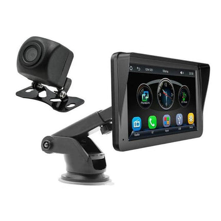 7-Inch Wireless CarPlay Car MP5 Player for Phone Connectivity mounted on adjustable suction arm with backup camera showing CarPlay interface