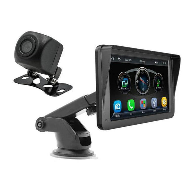 7-Inch Wireless CarPlay Car MP5 Player for Phone Connectivity mounted on adjustable suction arm with backup camera showing CarPlay interface
