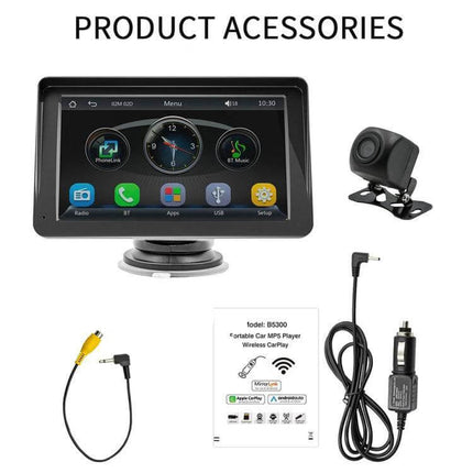 7-Inch Wireless CarPlay Car MP5 Player for Phone Connectivity showing screen, rear camera, cables and accessories