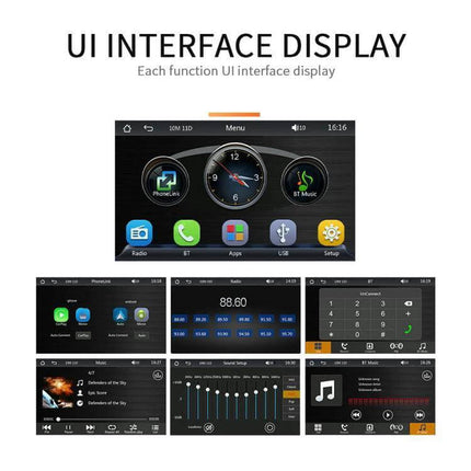 7-Inch Wireless CarPlay Car MP5 Player for Phone Connectivity showing UI interface display with navigation, music, calls and app icons