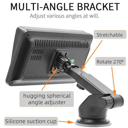 7-Inch Wireless CarPlay Car MP5 Player for Phone Connectivity installed on multi-angle bracket with silicone suction cup and 270° rotation