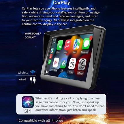 7-Inch Wireless CarPlay Car MP5 Player for Phone Connectivity showing touchscreen CarPlay interface with navigation music and call icons