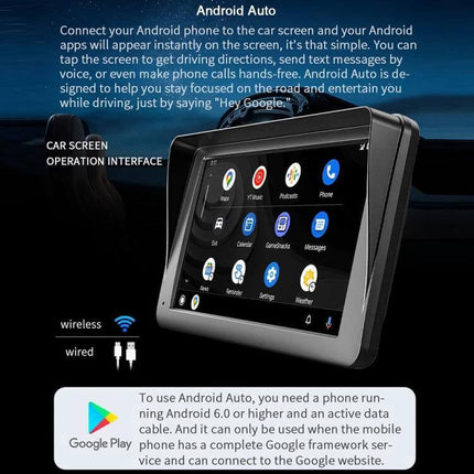 7-Inch Wireless CarPlay Car MP5 Player for Phone Connectivity showing Android Auto interface and wireless/wired connections
