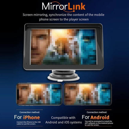7-Inch Wireless CarPlay Car MP5 Player for Phone Connectivity showing screen mirroring between phone and 7-inch display for navigation and media