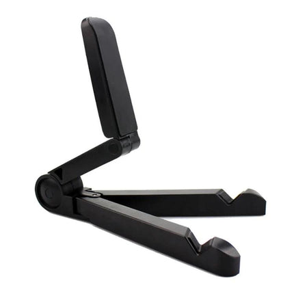 Universal Foldable Triangular Desk Phone Holder for Tablets in black, adjustable ABS stand for phones and tablets up to 12 inches, hands-free viewing