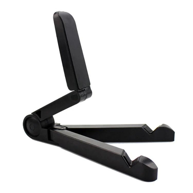 Universal Foldable Triangular Desk Phone Holder for Tablets in black, adjustable ABS stand for phones and tablets up to 12 inches, hands-free viewing