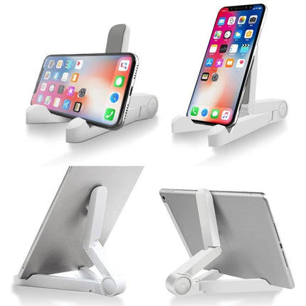 Universal Foldable Triangular Desk Phone Holder for Tablets on desk holding phone and tablet in portrait and landscape, durable ABS, adjustable angle, travel-ready