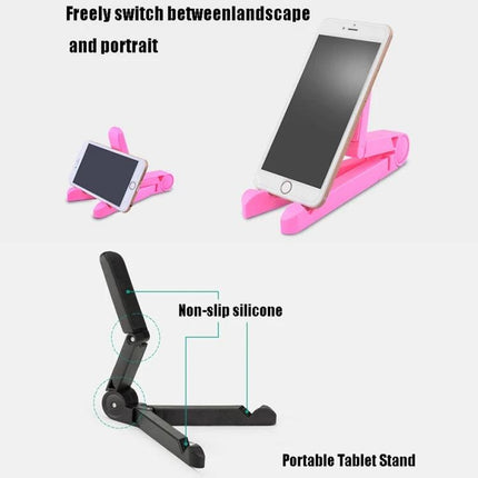 Universal Foldable Triangular Desk Phone Holder for Tablets shown in pink and black, portable adjustable stand for phones and tablets up to 12 inches