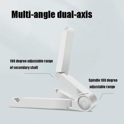 Universal Foldable Triangular Desk Phone Holder for Tablets showing multi-angle dual-axis foldable design for phones and tablets up to 12 inches