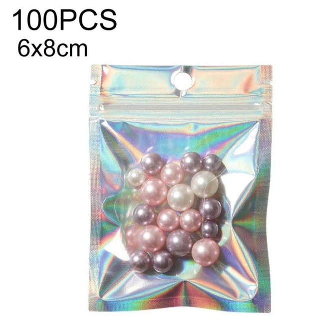 Aluminum Foil Self-Sealing Bags for Electronics Storage - holographic 6x8cm pouch with ziplock and hanging hole holding small beads, 100pcs