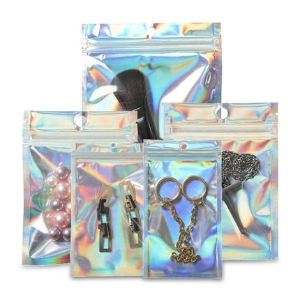 Aluminum Foil Self-Sealing Bags for Electronics Storage with holographic pouch set showing jewelry and gadgets, moisture and dust protection