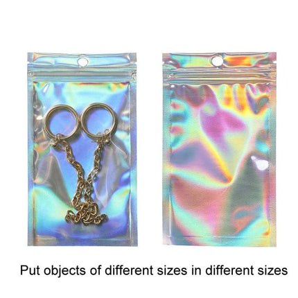 Aluminum Foil Self-Sealing Bags for Electronics Storage showing holographic self-sealing pouches with zipper closure protecting small gadgets