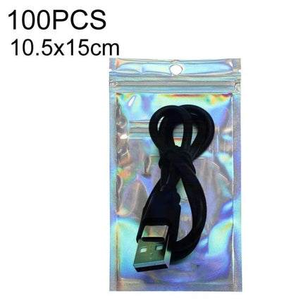 Aluminum Foil Self-Sealing Bags for Electronics Storage - holographic pouch with USB cable, self-sealing zipper, 10.5x15cm pack