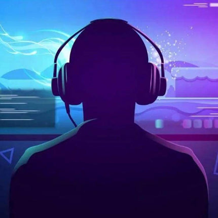 Replacement Microphone for ASUS ROG Theta 7.1 Headphones shown with gamer wearing headset at computer, 3.5mm plug compatible replacement microphone
