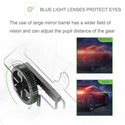 Vrshinecon G10 3D Virtual Reality Glasses for Smartphones showing blue light lenses, adjustable pupil distance wheel and before/after image clarity