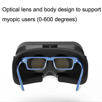 Vrshinecon G10 3D Virtual Reality Glasses for Smartphones showing adjustable optical lens and myopic-friendly design with eyeglasses on headset