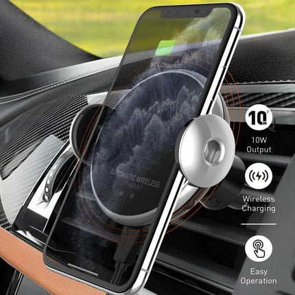Infrared Sensor Car Wireless Charger Bracket For Vent Mount showing phone charging on vent mount with 10W wireless output and infrared auto-clamp
