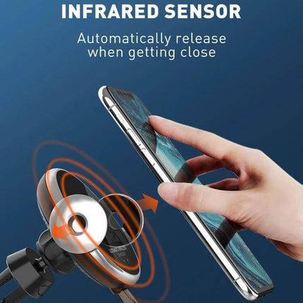 Infrared Sensor Car Wireless Charger Bracket For Vent Mount showing phone approaching cradle with automatic infrared sensor opening