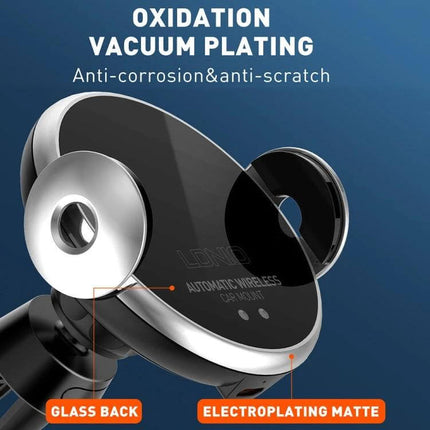 Infrared Sensor Car Wireless Charger Bracket For Vent Mount showing glass back, electroplating matte finish and oxidation vacuum plating details