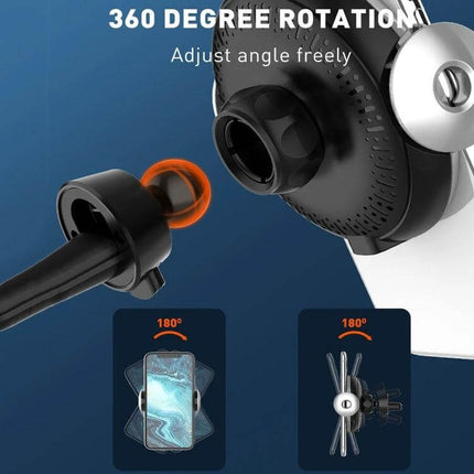 Infrared Sensor Car Wireless Charger Bracket For Vent Mount showing 360-degree rotation vent mount with wireless charging cradle
