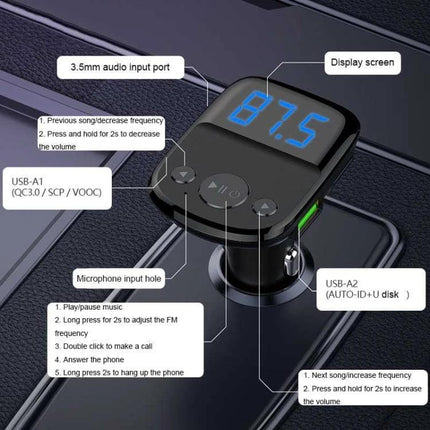 Car Charger With Bluetooth FM Transmitter And Digital Display compact PC housing with display screen and USB ports for charging and Bluetooth audio