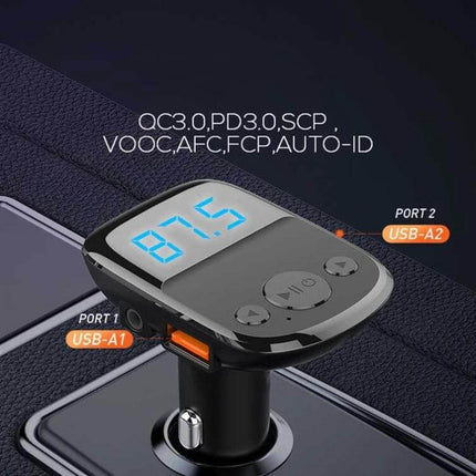 Car Charger With Bluetooth FM Transmitter And Digital Display showing digital frequency, dual USB ports, compact PC housing for car dashboard