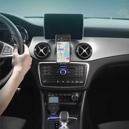 Car Charger With Bluetooth FM Transmitter And Digital Display mounted in car console charging phone and streaming GPS audio to radio