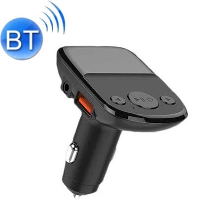 Car Charger With Bluetooth FM Transmitter And Digital Display in black PC housing, USB charging port, Bluetooth controls and FM transmitter