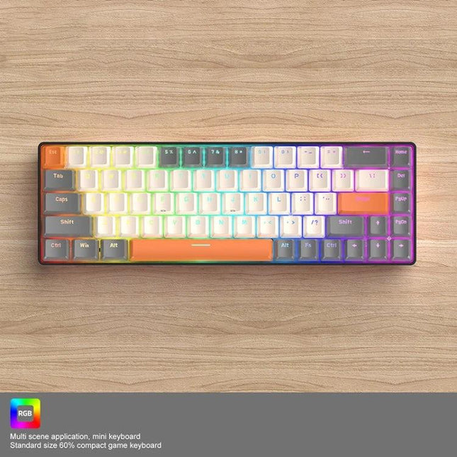 ZIYOU LANG T8 68 Keys RGB Gaming Mechanical Keyboard shown in compact 68-key layout with rainbow RGB backlighting on a wooden desk