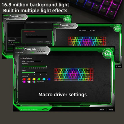 ZIYOU LANG T8 68 Keys RGB Gaming Mechanical Keyboard showing RGB software with 16.8 million colors and macro driver settings