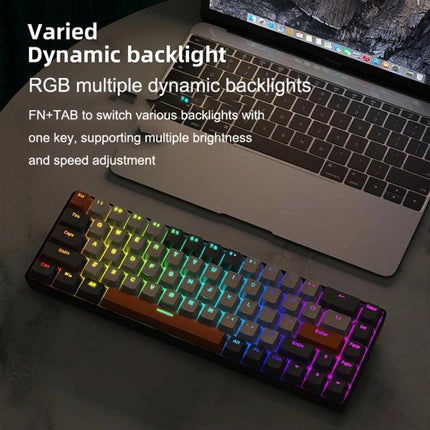 ZIYOU LANG T8 68 Keys RGB Gaming Mechanical Keyboard showing compact 68-key layout with rainbow RGB backlight beside a laptop