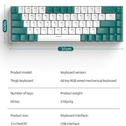 ZIYOU LANG T8 68 Keys RGB Gaming Mechanical Keyboard compact 68-key layout with teal and white keycaps, 31x10cm USB wired gaming keyboard