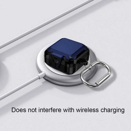 Protective Silicone Case for Daily Earbud Protection showing navy TPU case with carabiner that allows charging and keeps earbuds secure
