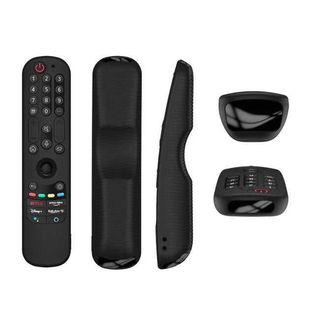 LG TV Remote Protective Silicone Case in Black shown on remote with textured grip, full coverage sleeve and button cutouts