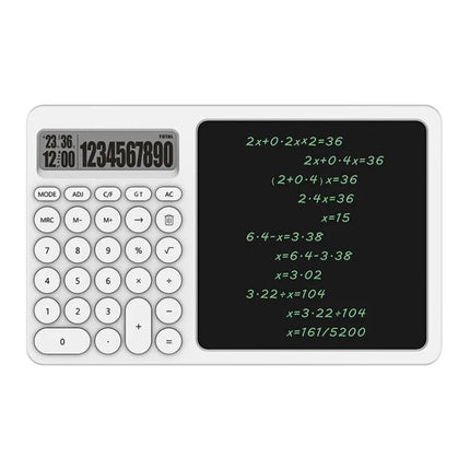 White Handwriting Board with Calculator and Stand for Notes and Doodling showing calculator buttons and black writing surface with equations