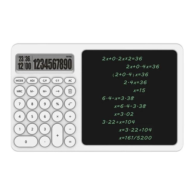 White Handwriting Board with Calculator and Stand for Notes and Doodling showing calculator buttons and black writing surface with equations
