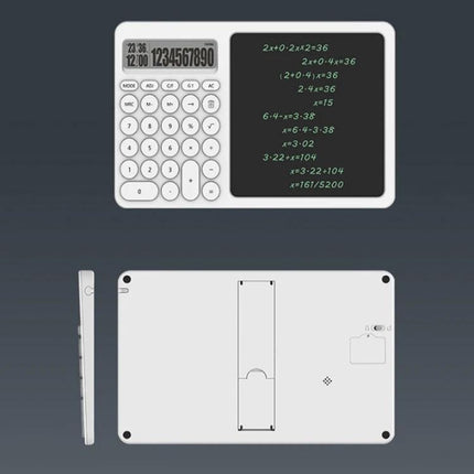 White Handwriting Board with Calculator and Stand for Notes and Doodling showing calculator keypad and writable whiteboard surface in durable white ABS