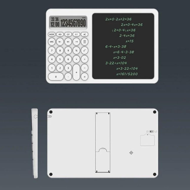 White Handwriting Board with Calculator and Stand for Notes and Doodling showing calculator keypad and writable whiteboard surface in durable white ABS