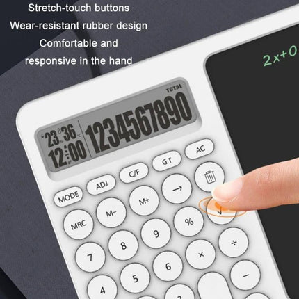White Handwriting Board with Calculator and Stand for Notes and Doodling showing close-up of white calculator buttons, display and finger pressing key
